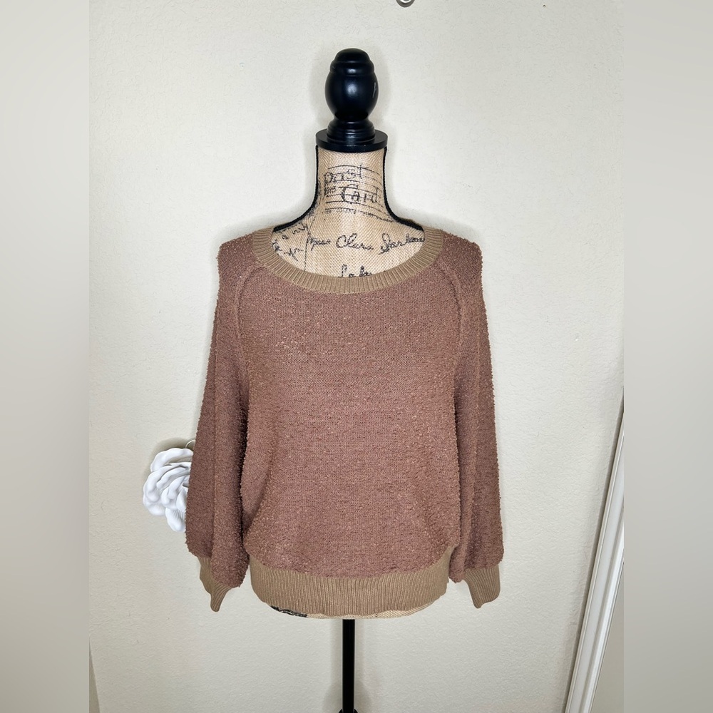 NTM: Umgee Textured Oversized Sweater Mocha Balloon Sleeve Cozy Pullover Small